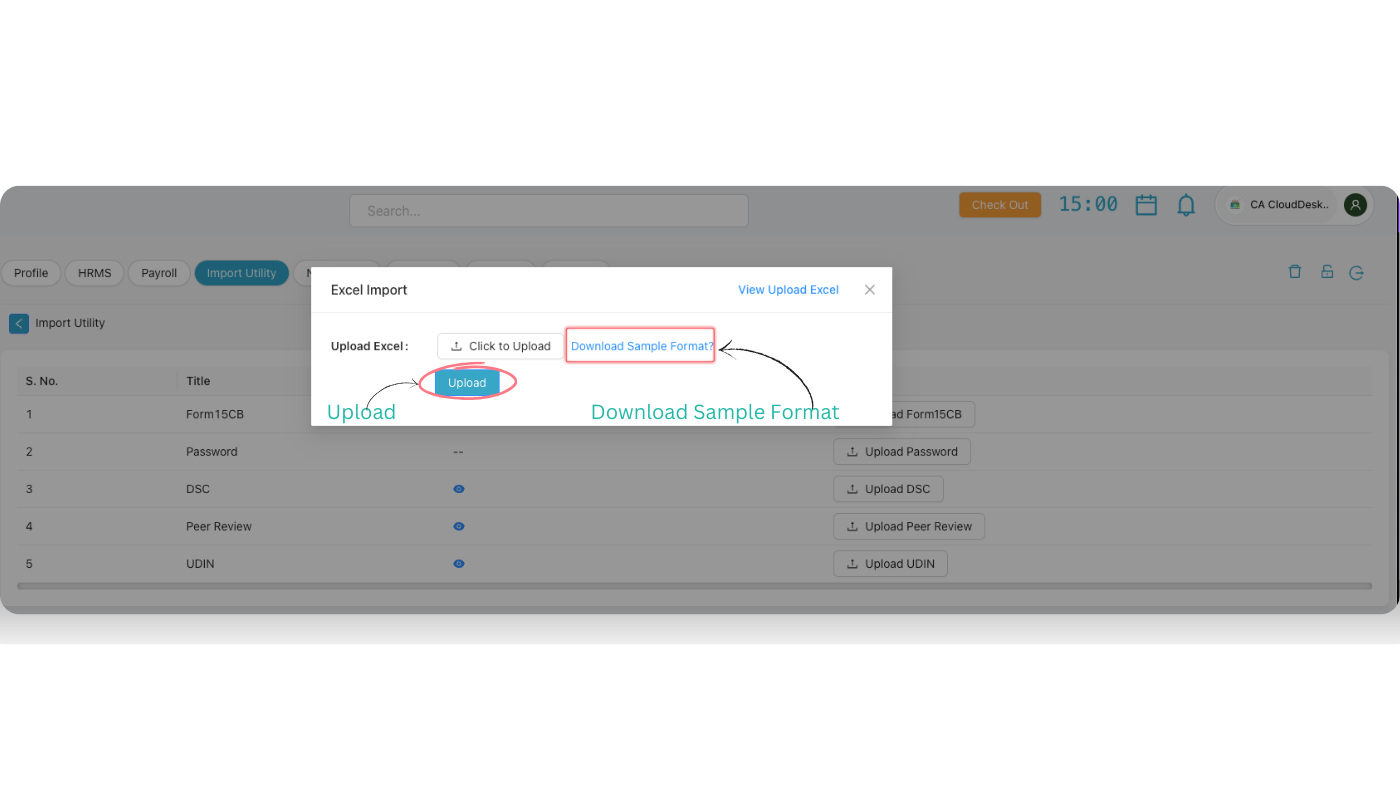 Excel Import popup with options for Click to Upload, Download Sample Format, Upload and View Upload Excel